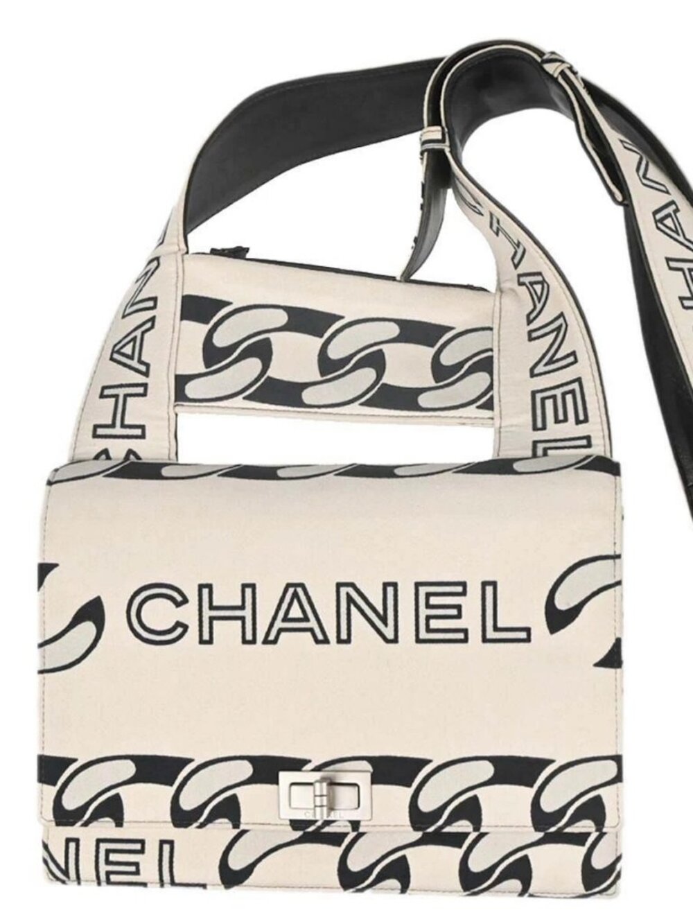Chanel Beige Black Canvas Graphic Logo Mademoiselle Lock Shoulder Bag 168570